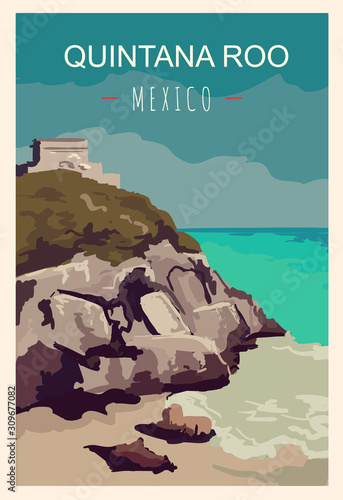 Quintana Roo retro poster. Quintana-Roo travel illustration. States of Mexico