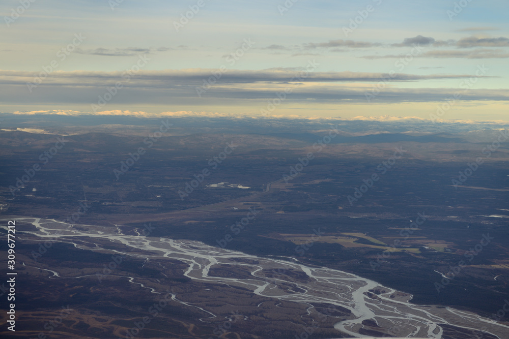 Aerial view of the Tanana River at the North Pole Alaska with the Chena Lakes and Brooks Range mountains