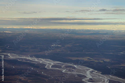 Aerial view of the Tanana River at the North Pole Alaska with the Chena Lakes and Brooks Range mountains