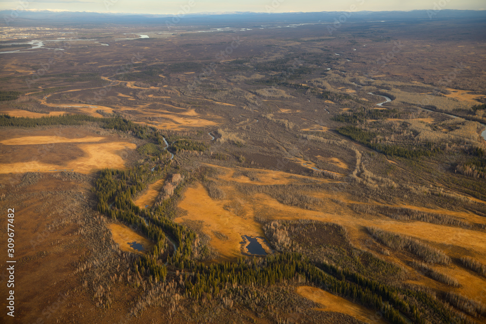 Aerial view of wild marshland Bear Creek south of Fairbanks and the Tanana river Alaska
