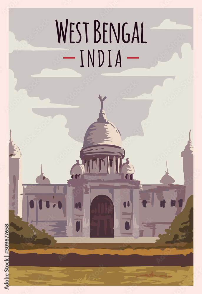 West Bengal retro poster. India state travel illustration.