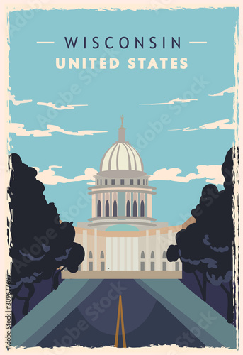 Wisconsin retro poster. USA Wisconsin travel vector illustration. United States of America