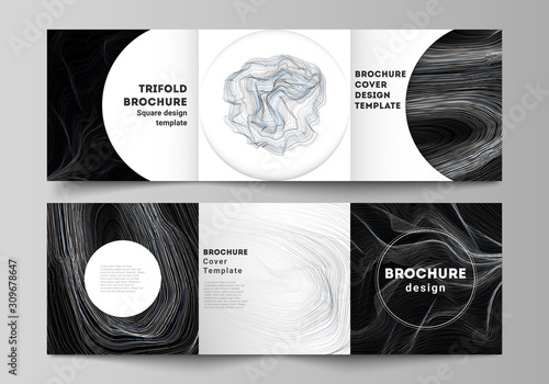 The black colored minimal vector illustration layout. Modern creative covers design templates for trifold square brochure or flyer. Smooth smoke wave, hi-tech concept black color techno background.