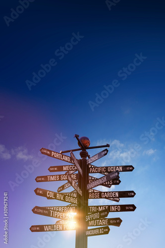 World Traffic signs and directional signpost pointing to famous travel destinations with blue cloudy sky and free copy space for text above