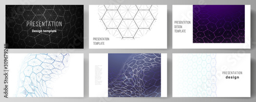 Vector layout of the presentation slides design business templates. Digital technology and big data concept with hexagons, connecting dots and lines, polygonal science medical background.