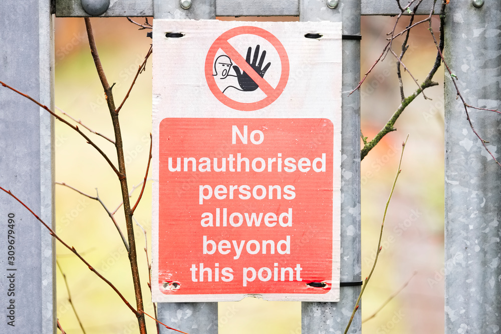 Fototapeta premium Safety starts here and health safety construction board notice signs where building works are taking place