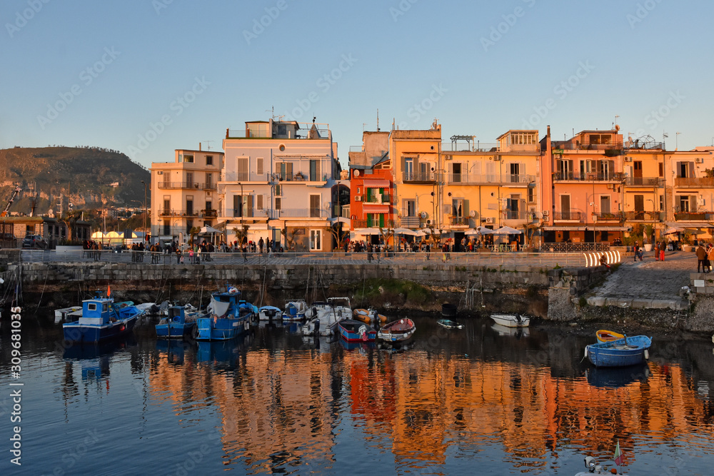 Pozzuoli, Italy, 12/14/2019. View of an ancient seaside town in the province of Naples