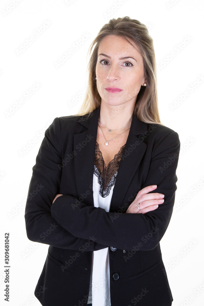 Successful serious businesswoman on white background Successful serious businesswoman on white background