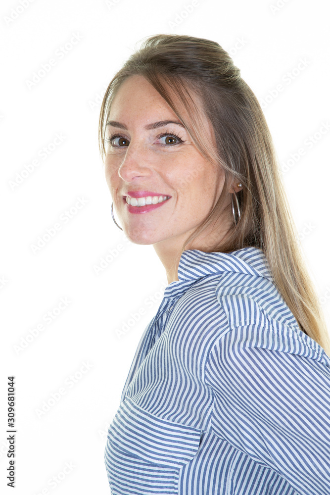 pretty woman casual portrait in positive view smile beautiful model posing in studio over white background pretty woman casual portrait in positive view smile beautiful model posing in studio over white background