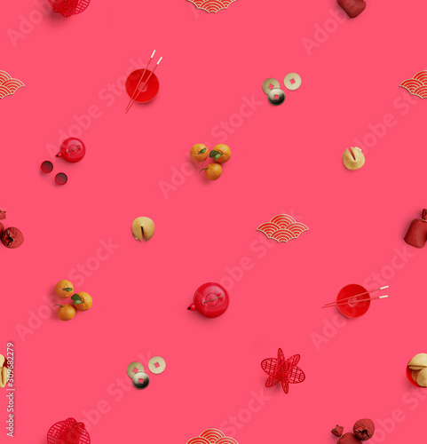 Fototapeta Naklejka Na Ścianę i Meble -  Happy Chinese new year seamless pattern. Flat lay traditional Chinese elements on pink background. 3d rendering illustration.