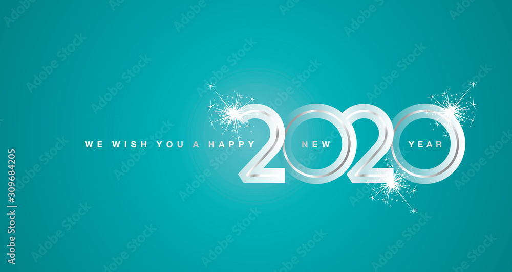 Naklejka We wish You Happy New Year 2020 firework silver modern design numbers trendy sea green greeting card