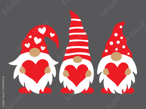 Cute three valentine gnomes holding hearts vector illustration. photo
