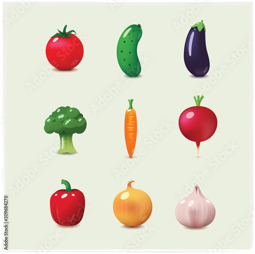 Vector vegetables icon set. Colour and glossy design. Game app icons template.