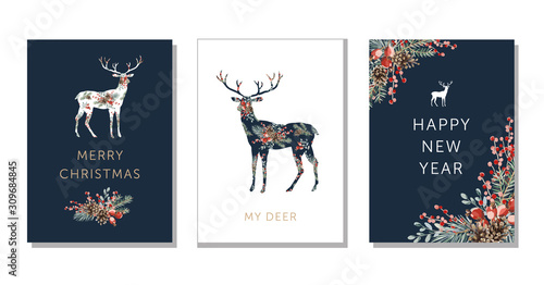 Winter holidays nature design greeting cards template, forest deer animal silhouette, text Merry Christmas, New Year background. Green pine, fir twigs, cones, red berries. Vector xmas illustration