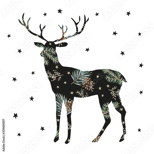 Christmas winter holidays nature design greeting card, poster template,  white background. Forest deer silhouette, green pine, fir twigs, cones, stars. Vector xmas illustration with wild animal