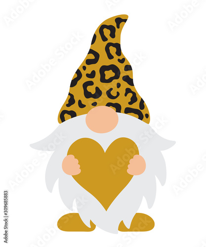Vector illustration of a gnome with leopard pattern hat holding a here. Cute Valentine’s Day gnome.