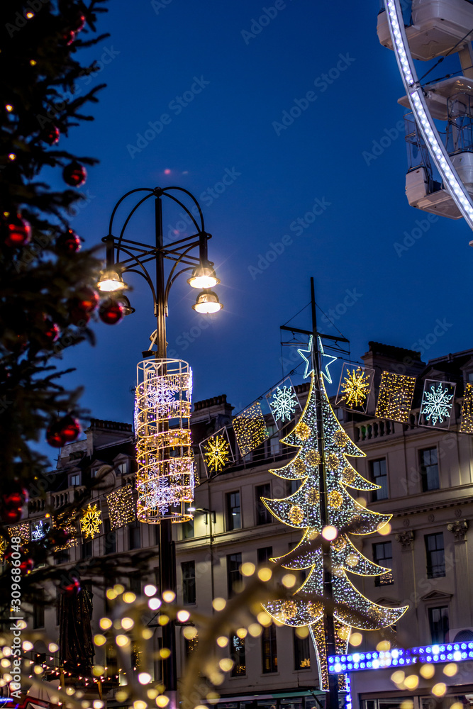Christmas lights at night in Glasgow, Scotland