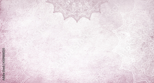 Light pastel rose pink textured watercolor background with mandalas