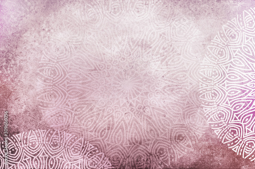 Warm earthy, light pastel rose pink textured watercolor background with hand drawn mandalas