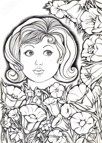 Portrait of little girl on the Decorative portrait of a girl with flowers in her hair. Hand drawing in black pencil. Suitable for print, postcard, poster, cover, magazine. Stock illustration.