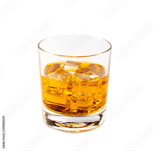 glass of whiskey with ice isolated on white background