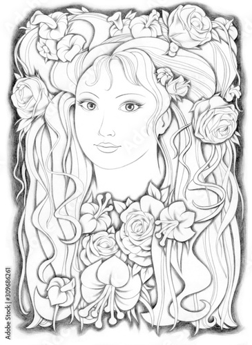 Decorative portrait of a girl with flowers in her hair. Linear hand drawing in black pencil. Suitable for print, postcard, poster, cover, magazine. Stock illustration.