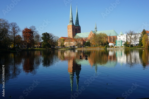 a nice view of the pond Mühlenteich and the cathedral