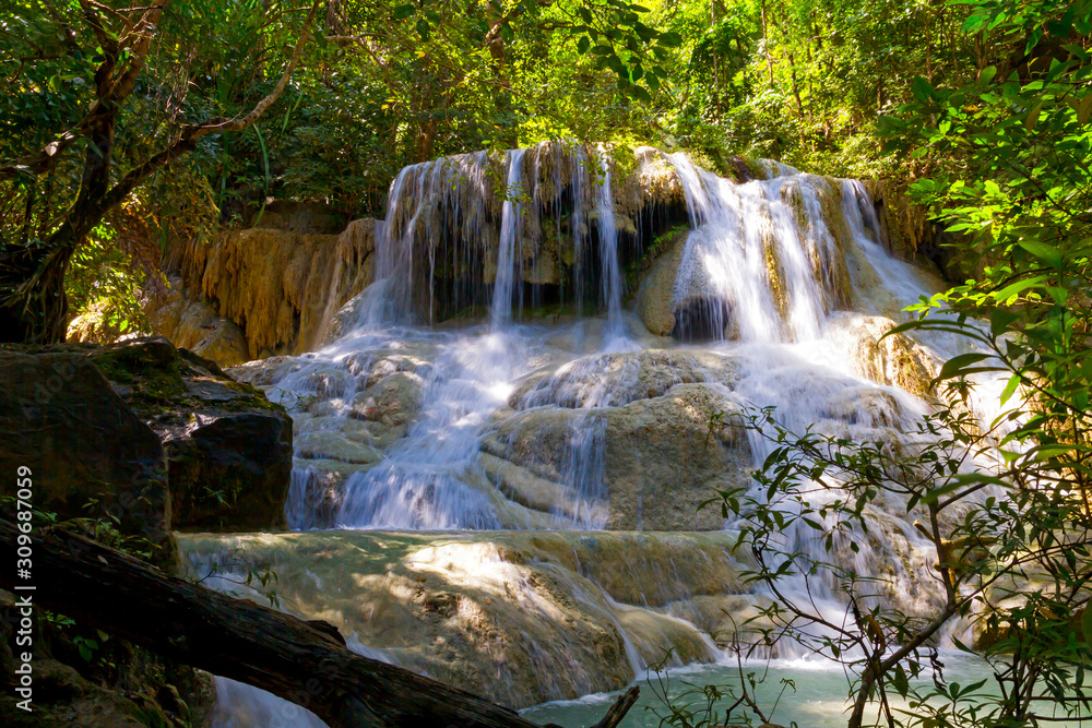 Naklejka premium Erawan Waterfall in rain forest and natural