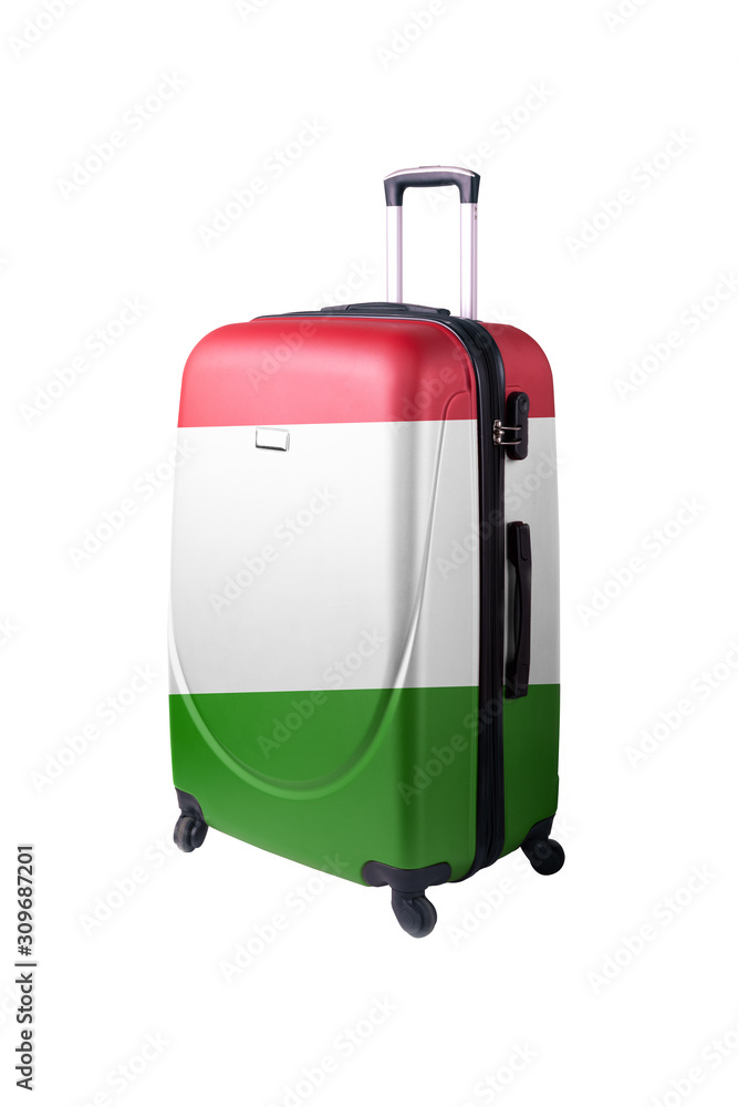 Travel suitcase with the flag of Italy. Holiday destination, suitcase isolated on white background Travel suitcase with the flag of Italy. Holiday destination, suitcase isolated on white background