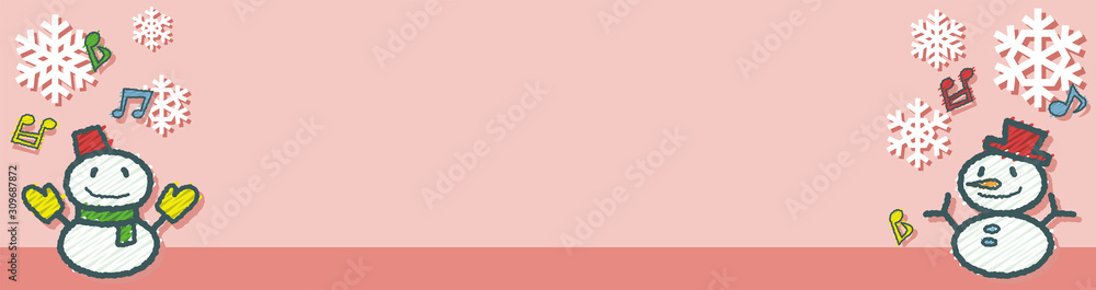 雪だるまと雪の結晶(横長で幅の狭いアイキャッチ画像)ピンク背景落書き風バージョン