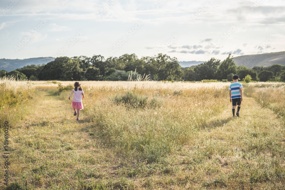 Kids walking on two paths