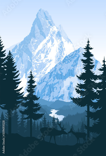 vector mountains with river and couple of white tailed deers