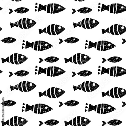 Fishes hand drawn seamless pattern. Marine backdrop. Flat illustration in scandinavian style. Wrapping paper, textile design. Black on white background