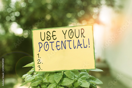 Writing note showing Use Your Potential. Business concept for achieve as much natural ability makes possible Plain paper attached to stick and placed in the grassy land © Artur