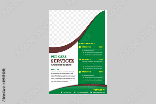 combination green and brown Flyer template. pet or animal care business brochure. Editable poster design for education, presentation, website, magazine cover. Space for photo collage on top. 