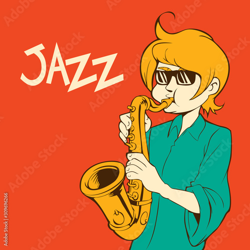 Cartoon saxophonist in sunglasses. Poster of jazzman
