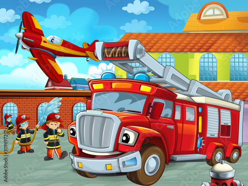 cartoon scene with fireman car vehicle on the road near the fire station with firemen - illustration for children