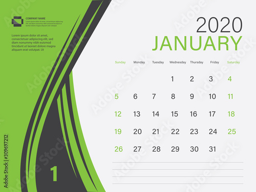 Calendar 2020 design Vector, Desk Calendar 2020 template, January, Green concept, Week Start On Sunday, Planner, Stationery, Printing, Size : 8 x 6 inch photo