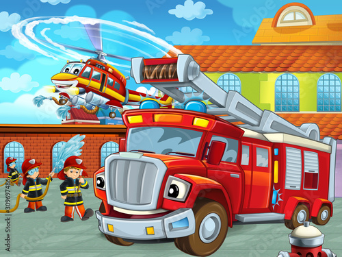 Fototapeta Naklejka Na Ścianę i Meble -  cartoon scene with fireman car vehicle on the road near the fire station with firemen - illustration for children