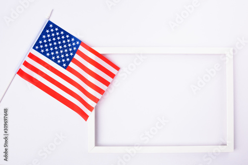 Martin luther king day, flat lay top view, American flag and photo frame photo