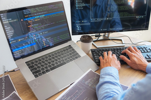 Programmers working in programming Programmer, developer and coding technology Website design, cybersecurity in the cyberspace society