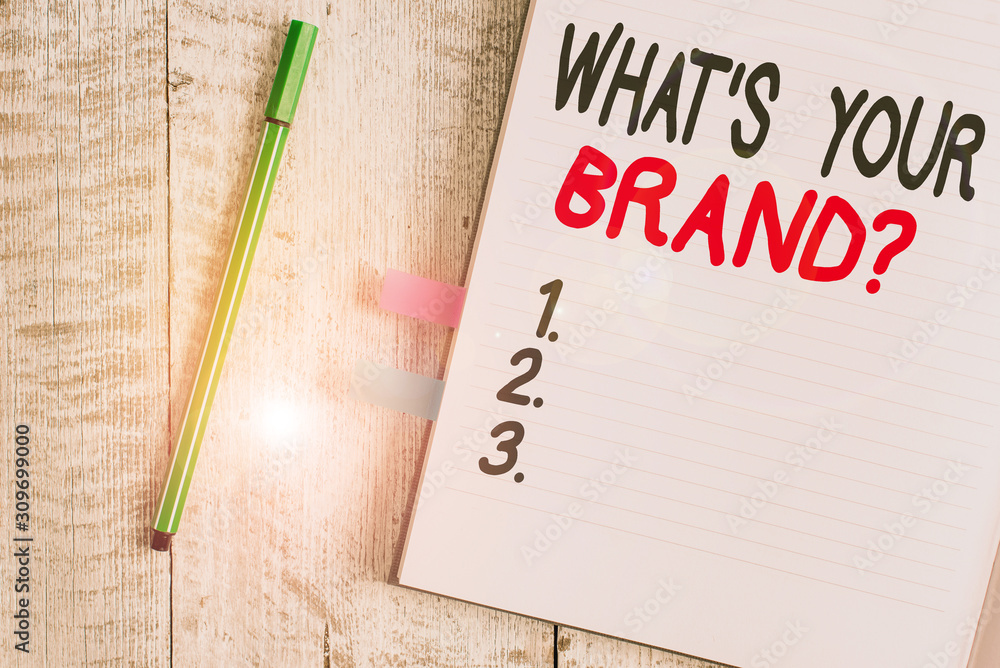 Word writing text What S Your Brand Question. Business photo showcasing asking about product logo does or what you communicate Thick pages notebook stationary placed above classic look wooden backdrop Word writing text What S Your Brand Question. Business photo showcasing asking about product logo does or what you communicate Thick pages notebook stationary placed above classic look wooden backdrop