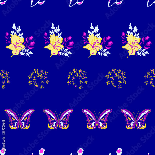 Vector dark blue background floral garden   butterfly seamless pattern illustration for birthday  fabric  party  event  decoration  gift wrap  scrapbook project  print  wallpaper  textile design