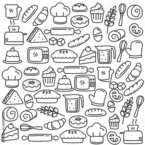 Set of cute bread and bakery doodle vector illustration. Bread and bakery doodle background 