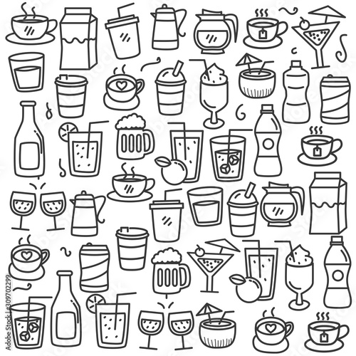 Set of beverage doodle vector illustration with cute design. Beverage doodle background
