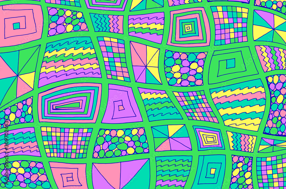 Square doodles. Abstract colorful psychedelic background. Surreal bright artwork. Cartoon drawing. Line art. Ornamental backdrop. Vector illustration Square doodles. Abstract colorful psychedelic background. Surreal bright artwork. Cartoon drawing. Line art. Ornamental backdrop. Vector illustration