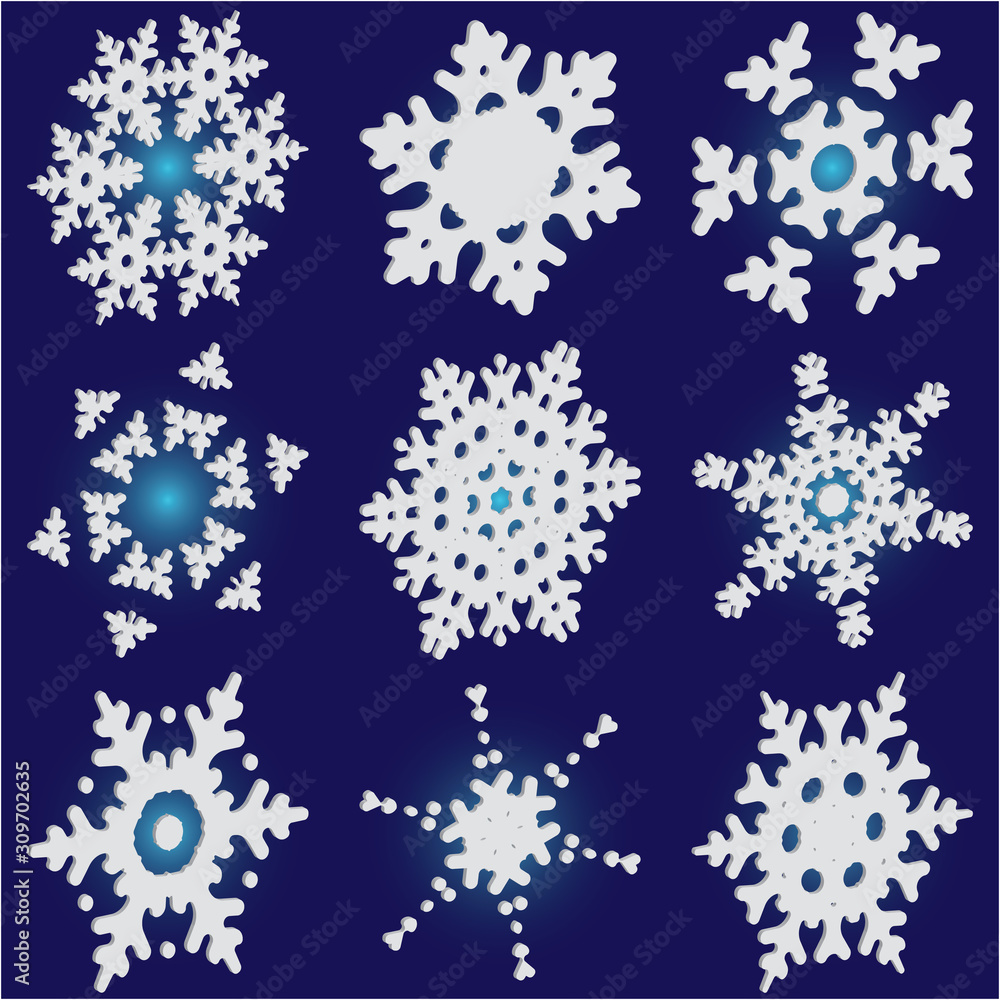 Set of christmas 3d snowflakes on blue background.