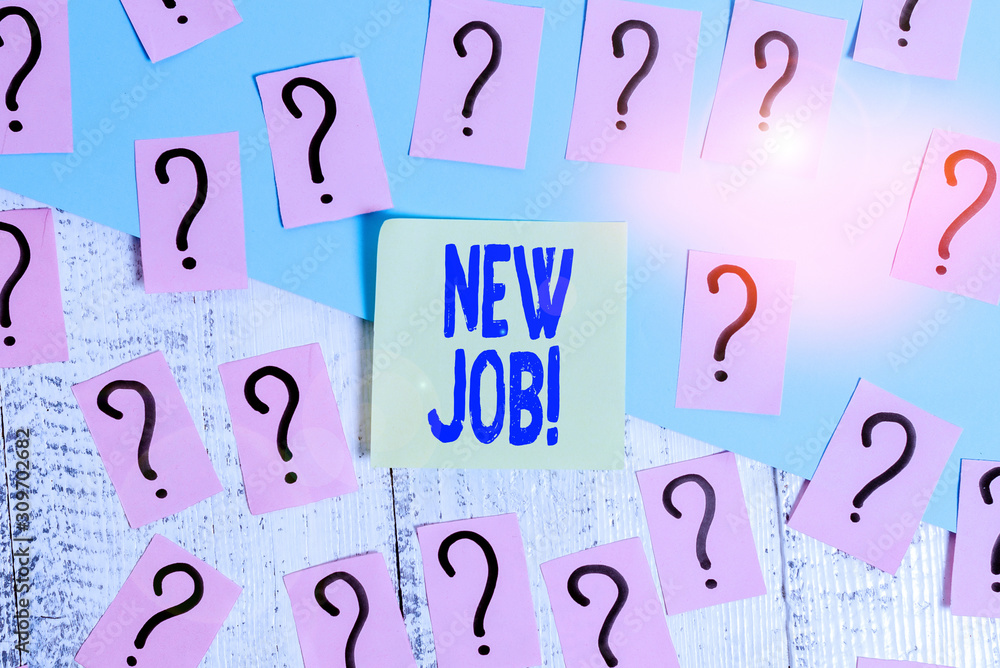 Conceptual hand writing showing New Job. Concept meaning recently having paid position of regular employment Crumbling papers with thick cardboard on the wooden table Conceptual hand writing showing New Job. Concept meaning recently having paid position of regular employment Crumbling papers with thick cardboard on the wooden table