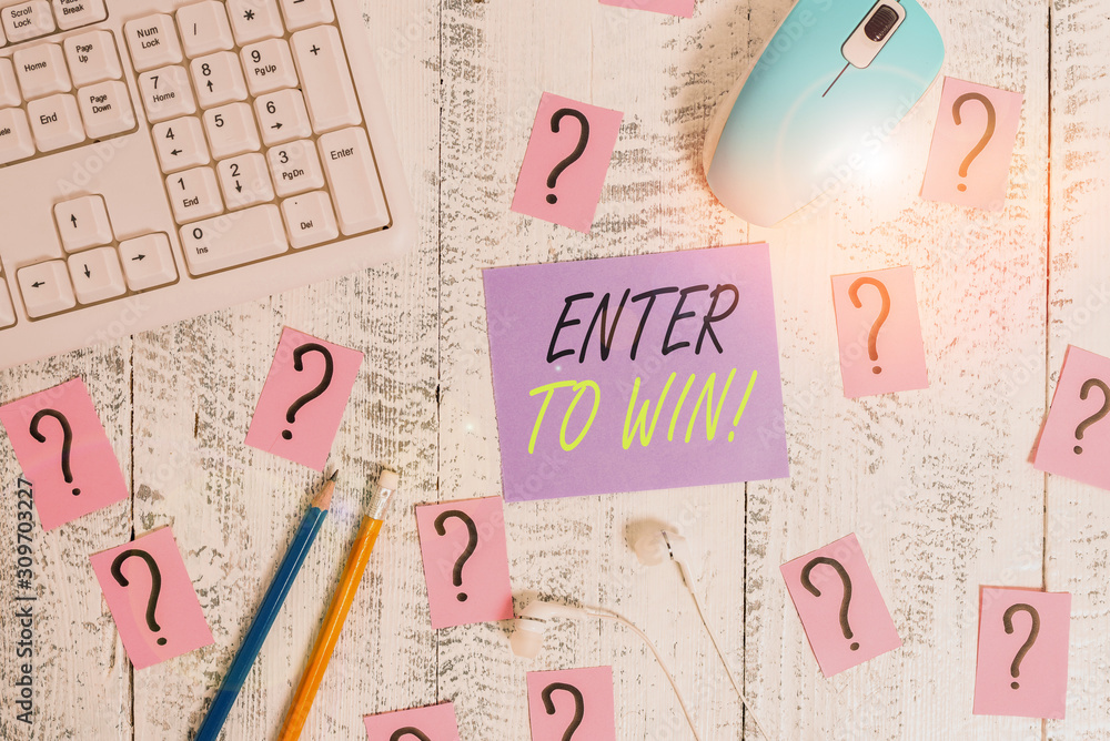 Word writing text Enter To Win. Business photo showcasing exchanging something value for prize chance winning prize Writing tools, computer stuff and scribbled paper on top of wooden table Word writing text Enter To Win. Business photo showcasing exchanging something value for prize chance winning prize Writing tools, computer stuff and scribbled paper on top of wooden table