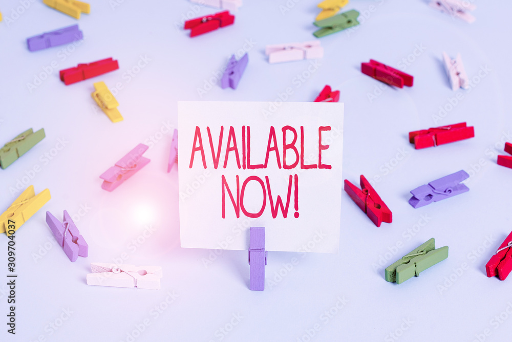 Writing note showing Available Now. Business concept for you can find it obtain or operable at this current moment Colored clothespin papers empty reminder blue floor officepin Writing note showing Available Now. Business concept for you can find it obtain or operable at this current moment Colored clothespin papers empty reminder blue floor officepin